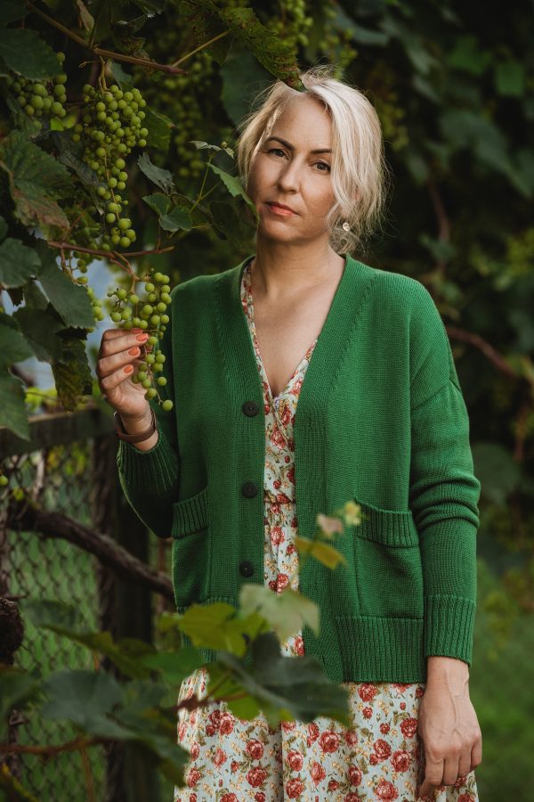 Žalias susagstomas merino vilnos megztinis